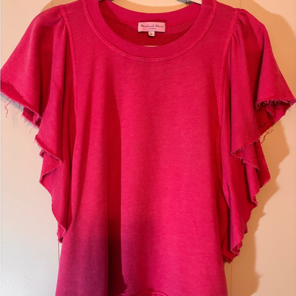 Michael Stars Hot Pink Ruffle Sleeve Tee